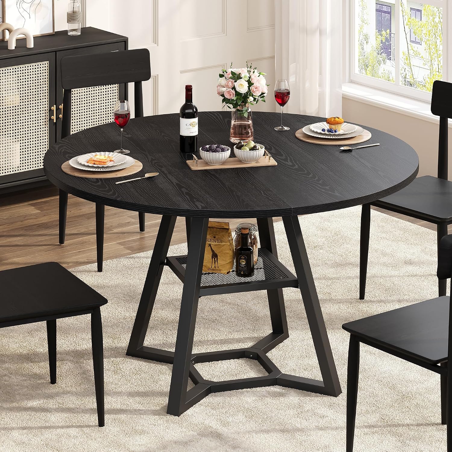knoworld Round Dining Table for 4, Kitchen Tables Dining Room Circle Dinner Table with Pedestal Metal Frame, Space Saving Wood Industrial Kitchen Tables for Dining Room, Living Room, Black, 47 Inch