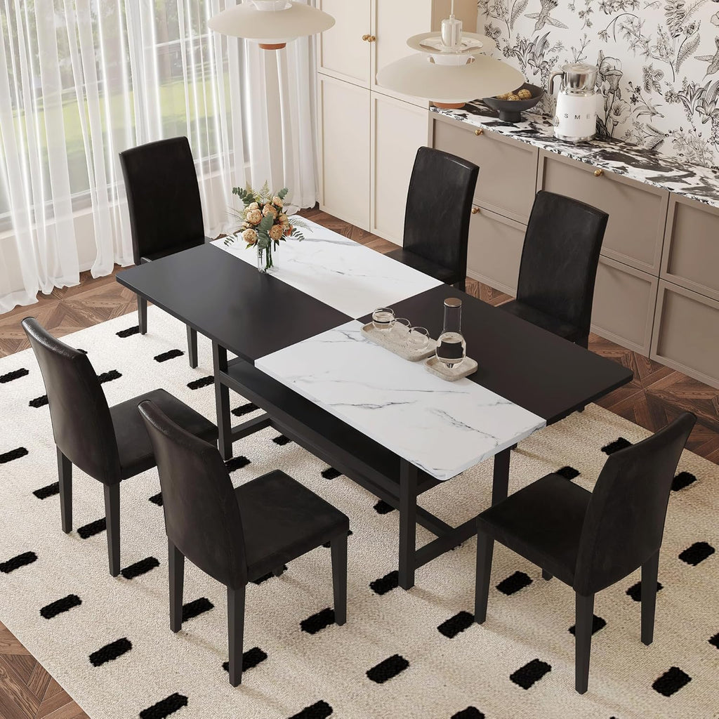 71" Dinner Table Set for 6, Modern Dining Table Set for 6, Black and White Splicing Tabletop with Storage Shelf, White Faux Marble Dining Table and 6 Black Upholstered Chairs for Kitchen, Dining Room
