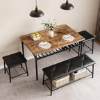Dining Table Set for 4, Kitchen Table Set with 2 Chairs and 1 Bench, Modern Metal Frame Dining Furniture Set with Storage Rack for Small Space, Apartment, Restaurant