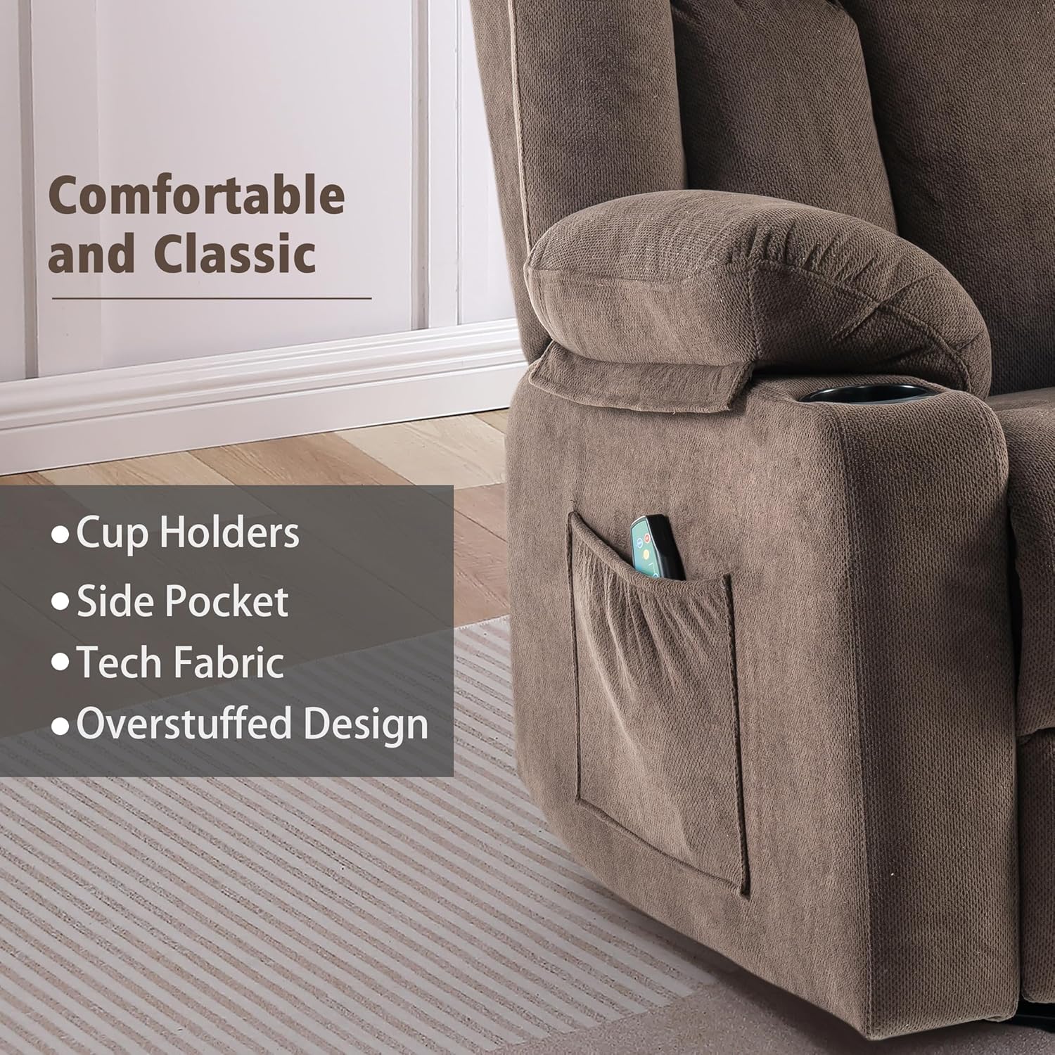 Ketaiyou Rocker Swivel Recliner Chair for Adults, Overstuffed Large Manual Recliner Glider with Massage and Heat, Comfy Soft Fabric Living Room Reclining Sofa Chair (Cocoa1)