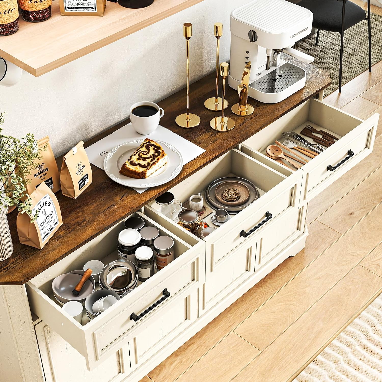 64 Inch Farmhouse Buffet Cabinet, Large Sideboard & Buffet with 4 Doors and 3 Drawers, Modern Credenza with Storage for Dining Room, Living Room, Kitchen, Antique White