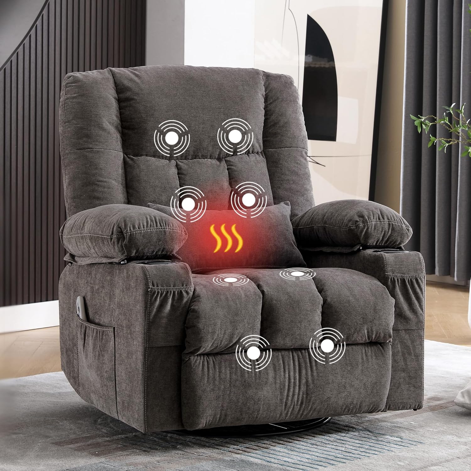 Swivel Rocker Recliner Chair with Vibration Massage and Heat Ergonomic Lounge Chair for Living Room with Rocking Function and Side Pocket, 2 Cup Holders, USB Charge Port