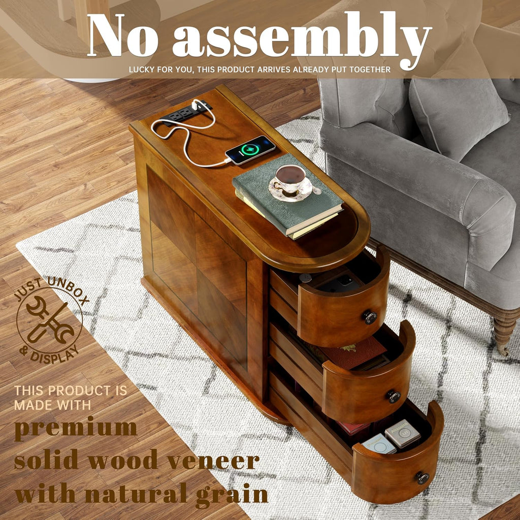 Solid Wood End Table with Charging Station, No Assembly Required Narrow Sofa Side Table for Living Room, Vintage Slim Nightstand Bedside Table (3 Drawers, Brown, 1Pc)