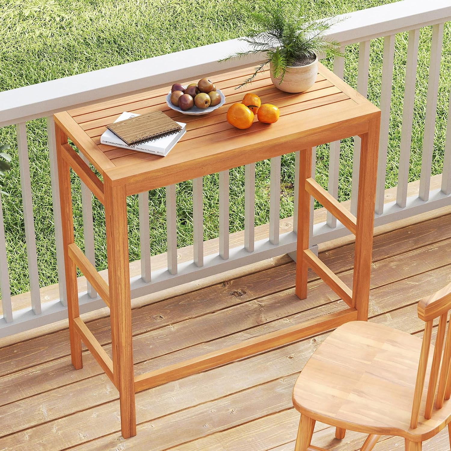 Tangkula Acacia Wood Outdoor Folding Bar Table, Patio Rectangle Counter Height Pub Table with Slatted Tabletop, for Balcony, Backyard Garden and Poolside