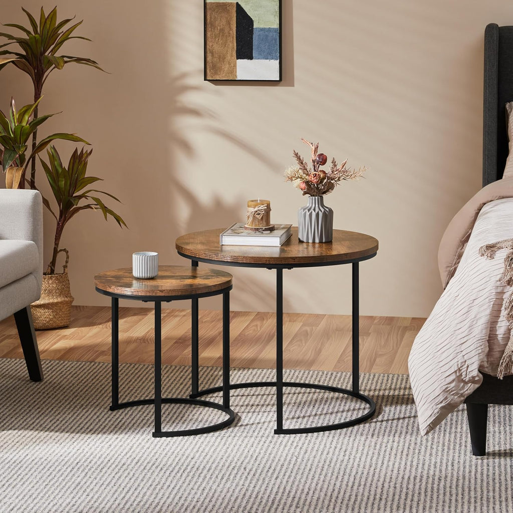 Yaheetech Nesting Coffee Table, Round Coffee Table for Living Room, Nesting Table with Wooden Tabletop and Sturdy Metal Frame, Stacking Living Room Tables Nesting End Table Set of 2, Rustic Brown