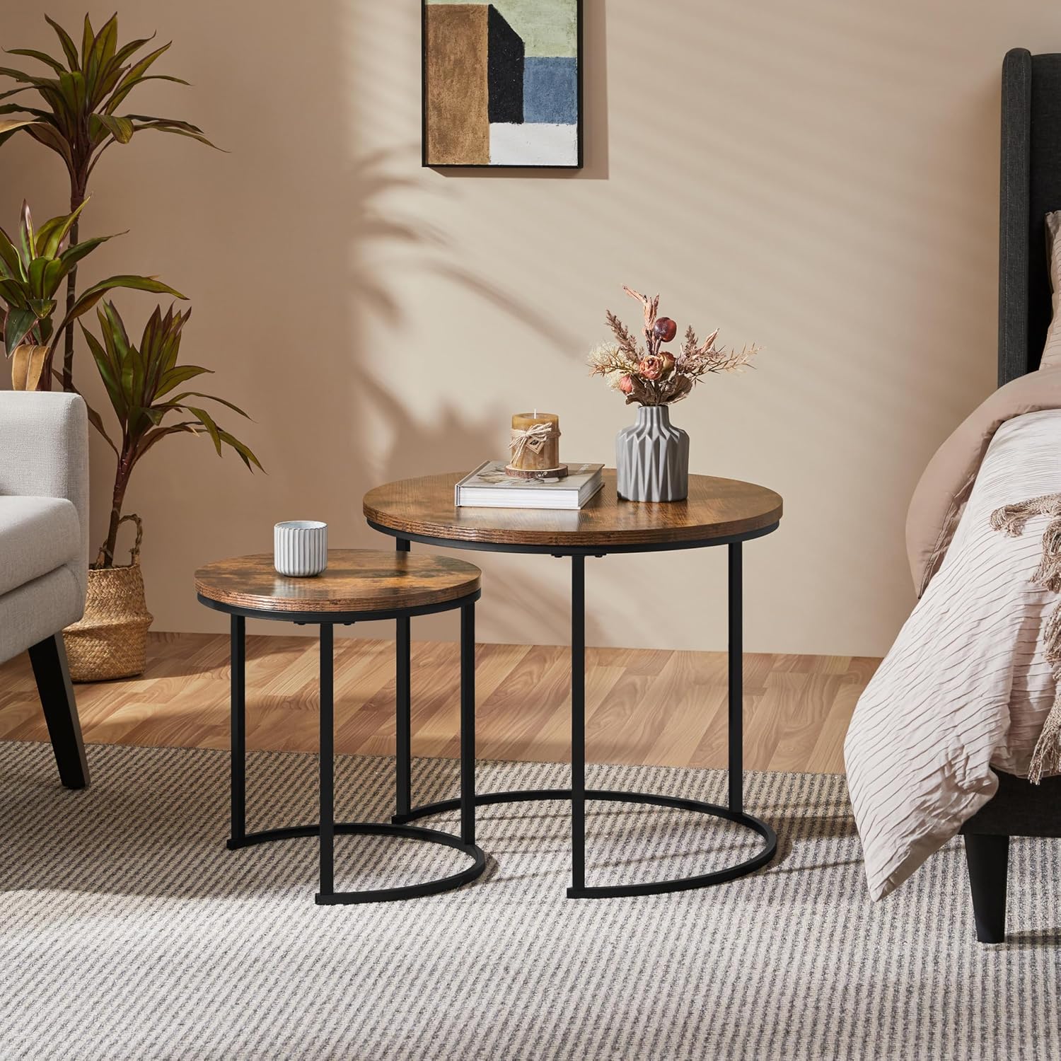 Yaheetech Nesting Coffee Table, Round Coffee Table for Living Room, Nesting Table with Wooden Tabletop and Sturdy Metal Frame, Stacking Living Room Tables Nesting End Table Set of 2, Rustic Brown
