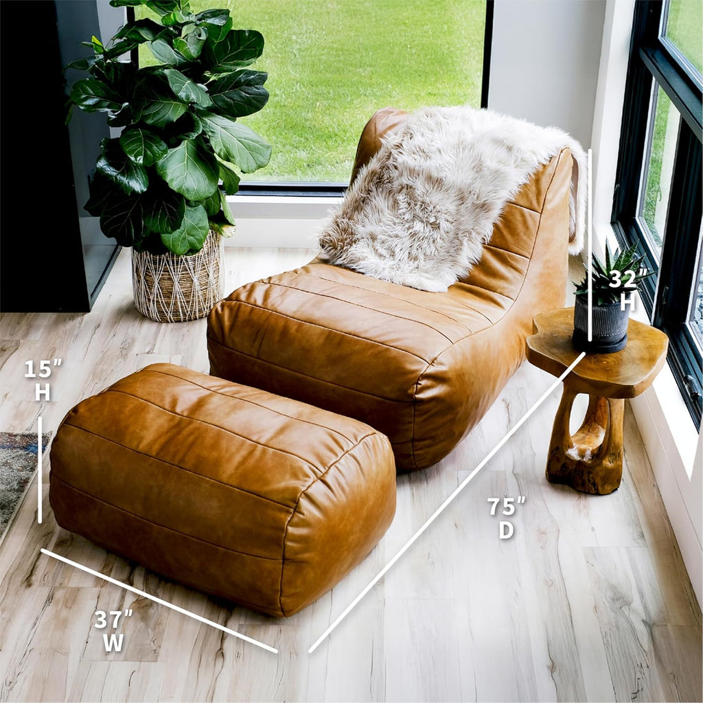 Big Joe Modora Bean Bag Lounger, Living Room and Gaming Seat, Copper Harbor Vegan Leather, Chair & Ottoman Set