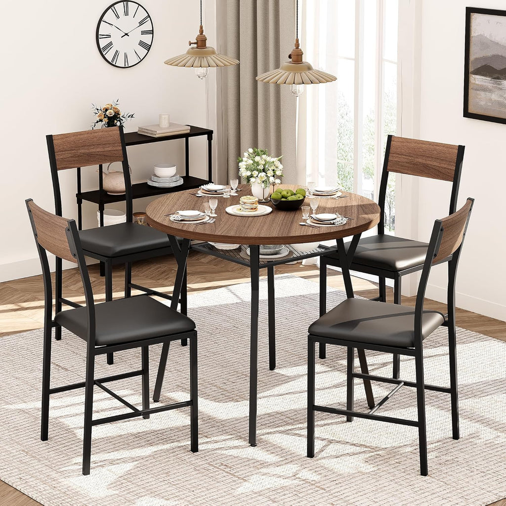 Pamapic Round Dining Table Set for 4, Kitchen Table and Chairs for 4, Dining Room Circle Dinner Pedestal Table, Solid Metal Frame,Space Saving Wood Small Kitchen & Dining Room Furniture,Walnut