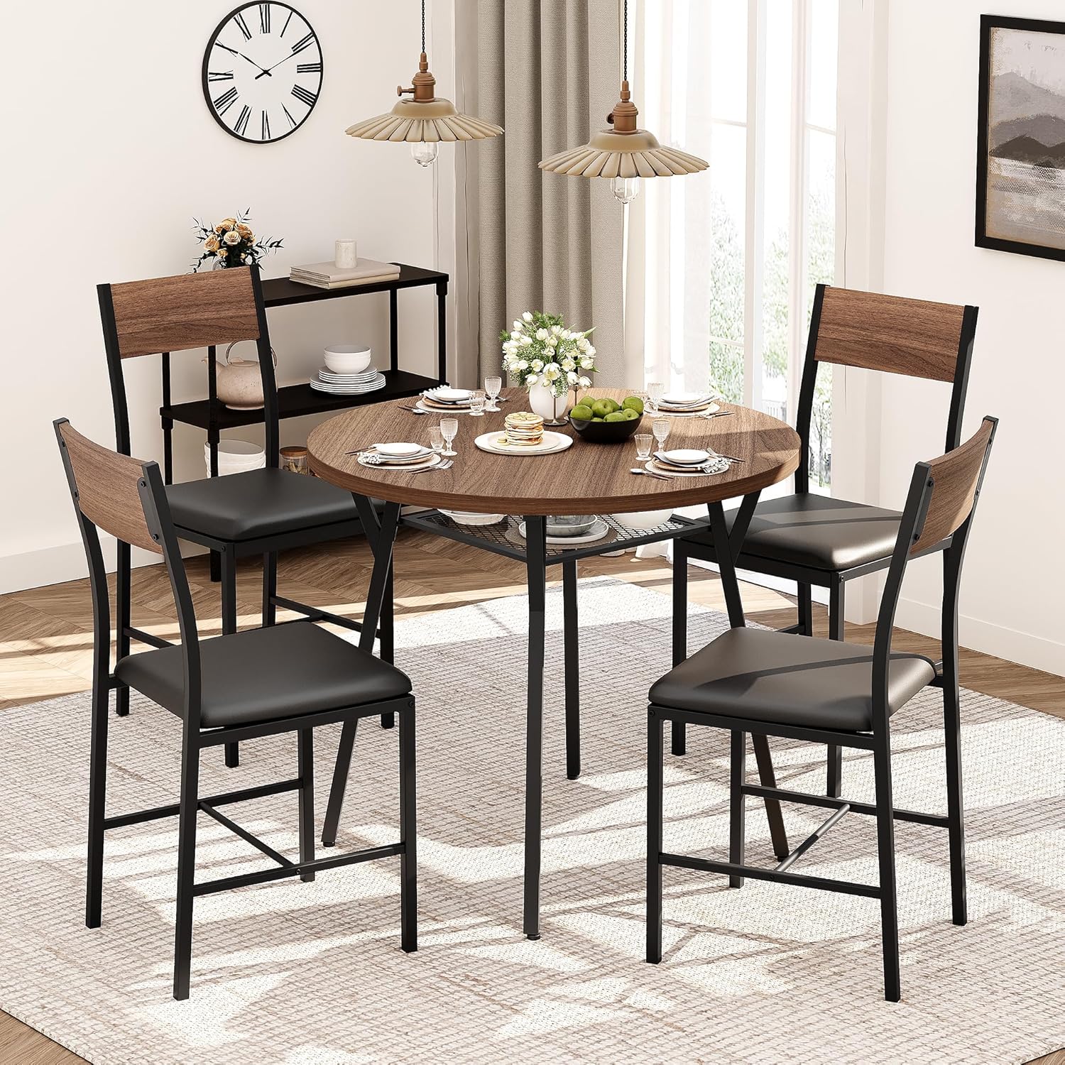 Pamapic Round Dining Table Set for 4, Kitchen Table and Chairs for 4, Dining Room Circle Dinner Pedestal Table, Solid Metal Frame,Space Saving Wood Small Kitchen & Dining Room Furniture,Walnut