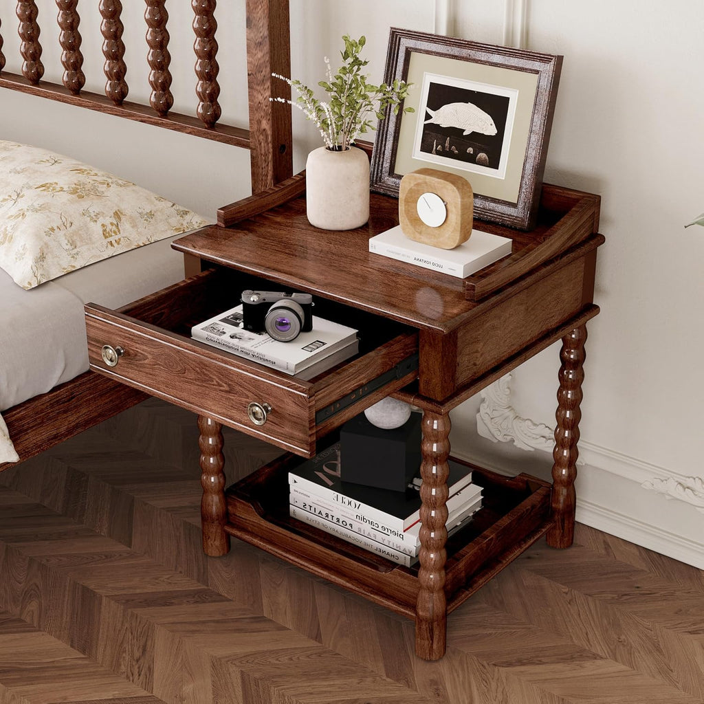 Nightstand with Drawer and Open Shelf for Bedroom,Retro Style Bedside Table with Turned Legs and Metal Handle for Kitchen (Walnut)