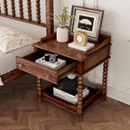 Nightstand with Drawer and Open Shelf for Bedroom,Retro Style Bedside Table with Turned Legs and Metal Handle for Kitchen (Walnut)