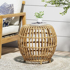 IRONORA Natural Rattan Round Side Table, Hand Woven Hollow Drum End Table, Boho Wicker Accent Table Stool for Patio Porch Living Room Bedroom