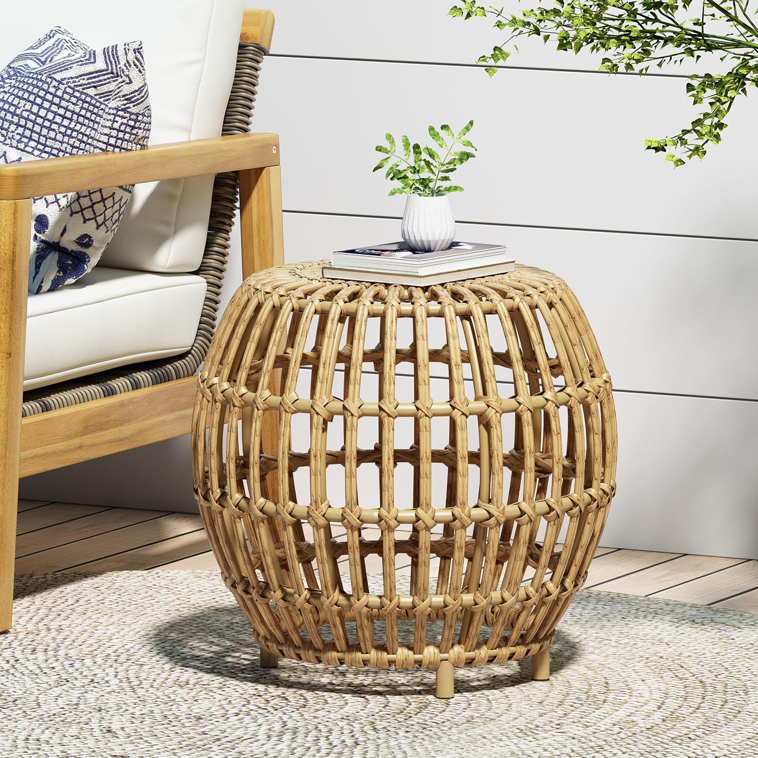 IRONORA Natural Rattan Round Side Table, Hand Woven Hollow Drum End Table, Boho Wicker Accent Table Stool for Patio Porch Living Room Bedroom