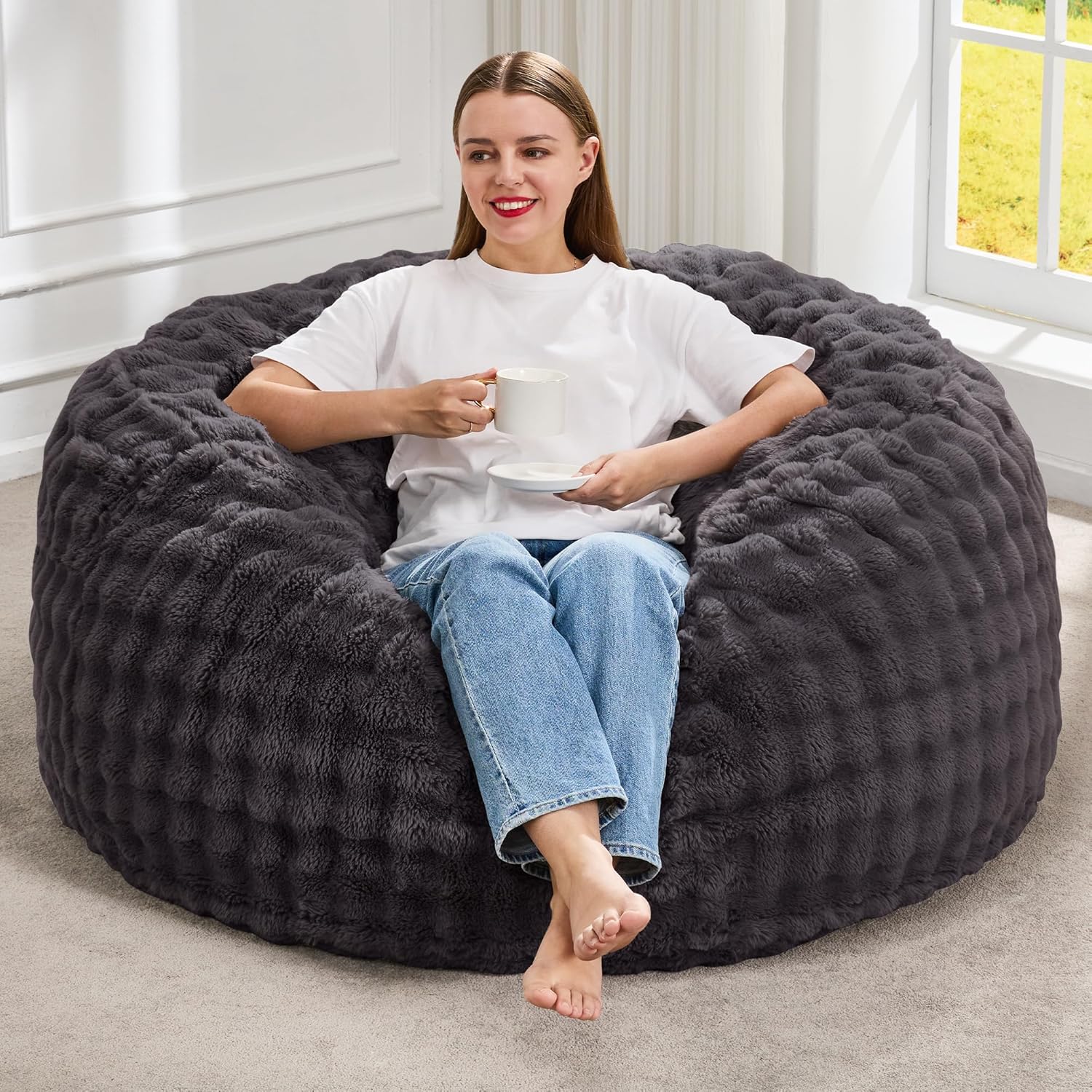 Hobestluk Bean Bag Chairs Beanbag Chair with Filler Adult Bean Bags with Fluffy & Machine Washable Cover, Giant Bean Bag Chairs for Aduts (Dark Grey, 3FT-36" x 36" x 22")