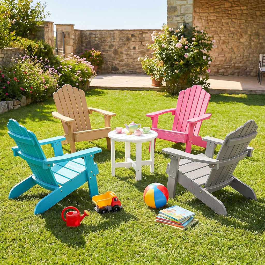 Costzon Kids Adirondack Chair, All-Weather HIPS Toddler Outdoor Chair, Wooden Textured Plastic Fire Pit Chair, Kids Patio Chair for Backyard Lawn Garden, Fits Children Age 3-7 Years (1, Pink)