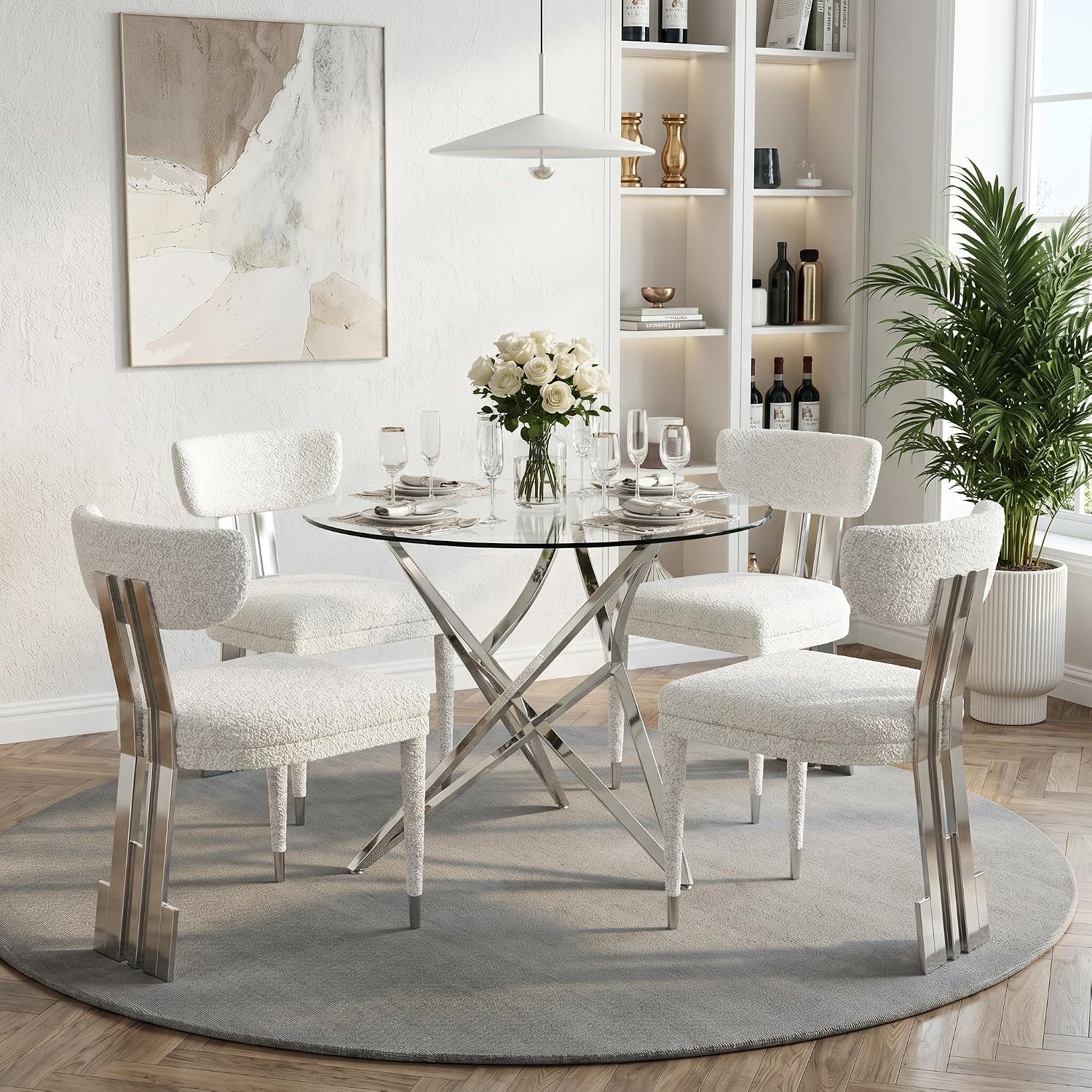 Round Glass Dining Table, 36" Small Kitchen Table for 2-4, Modern Dining Room Table with Clear Tempered Glass Top and Silver Stainless Steel Legs for Apartment, Small Space