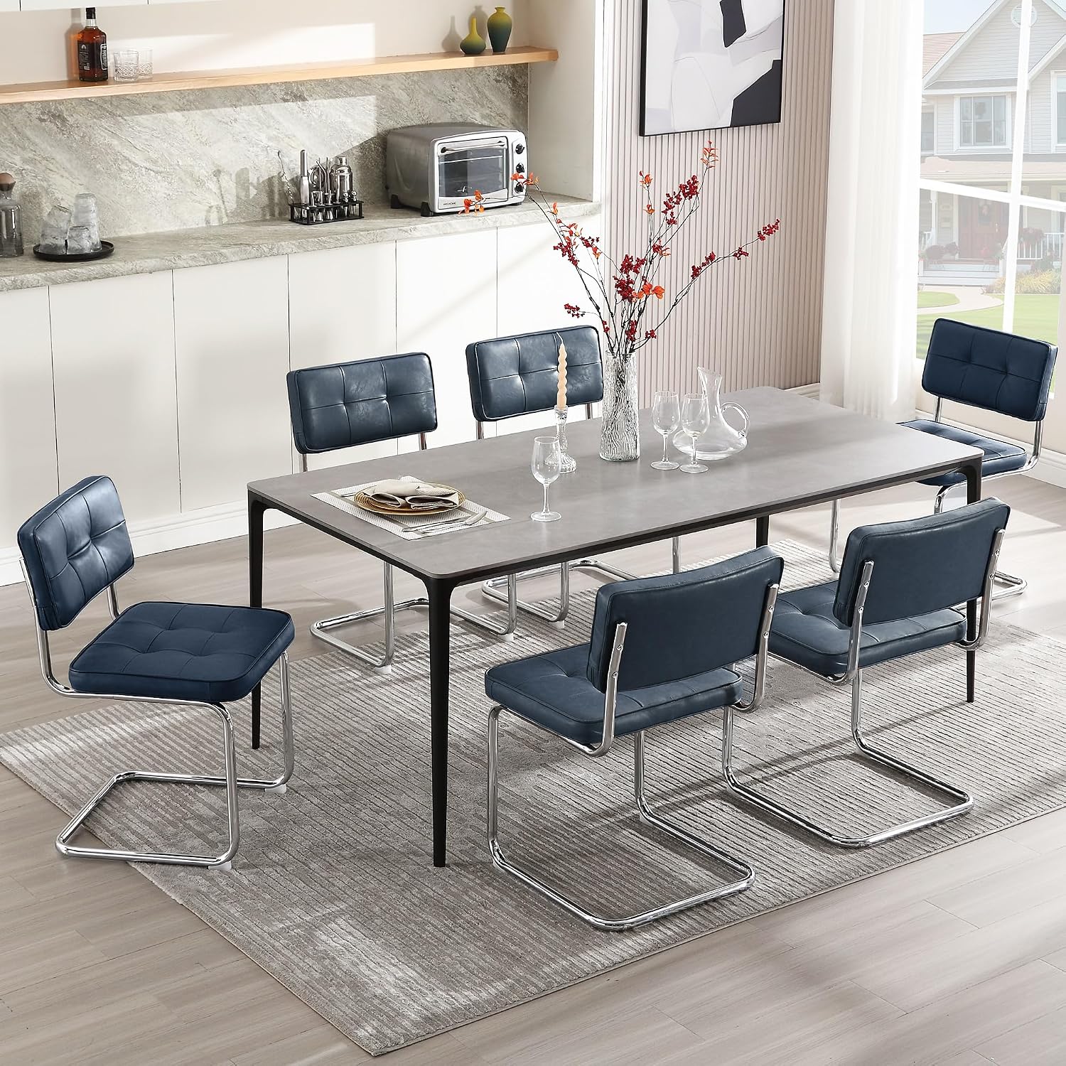 Zesthouse Faux Leather Dining Chairs Set of 6, Industrial Metal Chairs with Stainless Chrome Legs, Mid Century Modern Cesca Chair for Kitchen & Dining Living Room, Upholstered Armless Chair, Blue