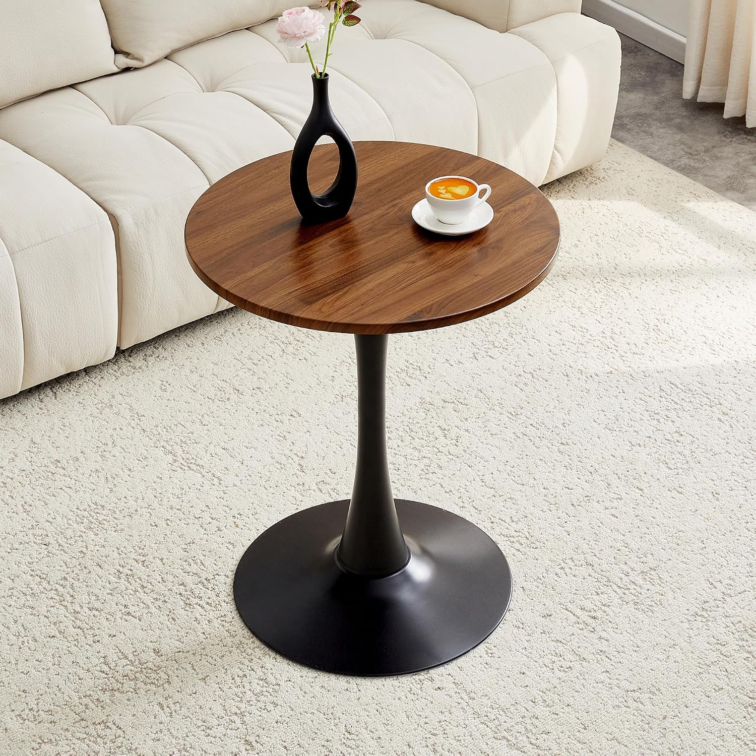 Walnut Round Dining Table for Small Space,24" Tulip Tables with Metal Pedestal Base,Bistro Table for 2 People for Office,Apartment,Kitchen,Break Room