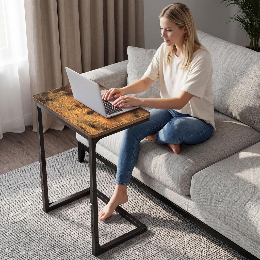 5-Level Adjustable C Side Table - End Table Living Room Bedroom Indoor Small C Shaped Couch Tray Desk, Farmhouse Brown