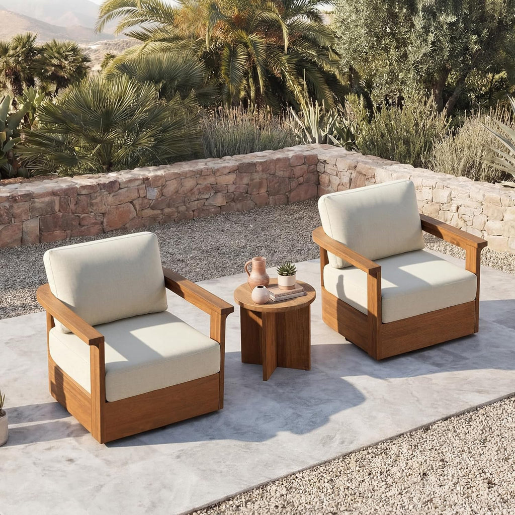 CHITA Patio Acacia 360° Swivel Chair, Outdoor Furniture with 7.7” Thickened Cushions Acacia Wood Frame, Fully Assembled