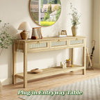 SUPERJARE Rattan Console Sofa Table with Outlets and USB-C Port, 3 Drawer Entryway Table with Synthetic Rattan Surface, 53.9 Inch, Open Shelf, Behind Couch Entry Foyer Hallway Storage, Natural