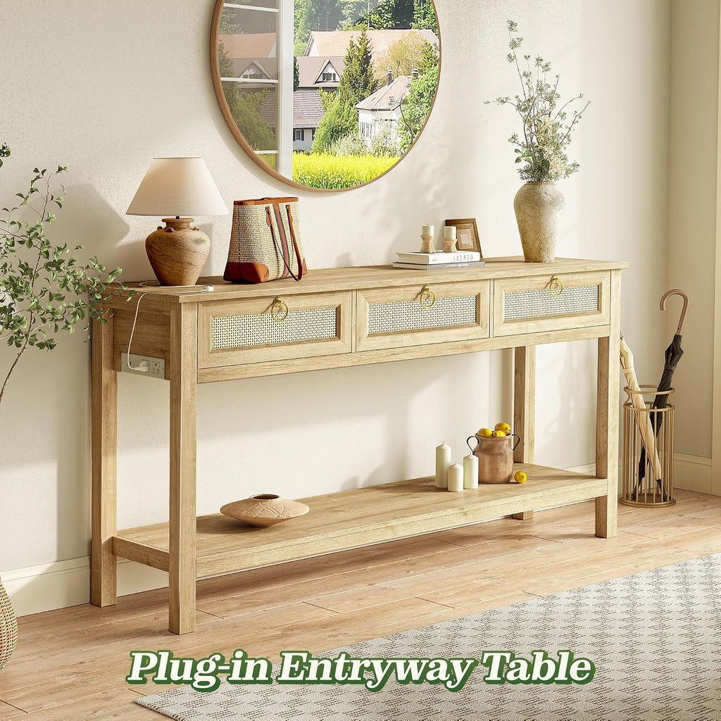 SUPERJARE Rattan Console Sofa Table with Outlets and USB-C Port, 3 Drawer Entryway Table with Synthetic Rattan Surface, 53.9 Inch, Open Shelf, Behind Couch Entry Foyer Hallway Storage, Natural