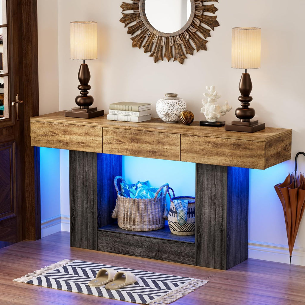 PAKASEPT 63 Inches Entryway Table with Storage,Foyer Tables Colorful with LED Lights and 3 Drawers, Narrow Console Table with Hidden Compartment for Gun Storage for Hallway, Living Room,Behind Couch