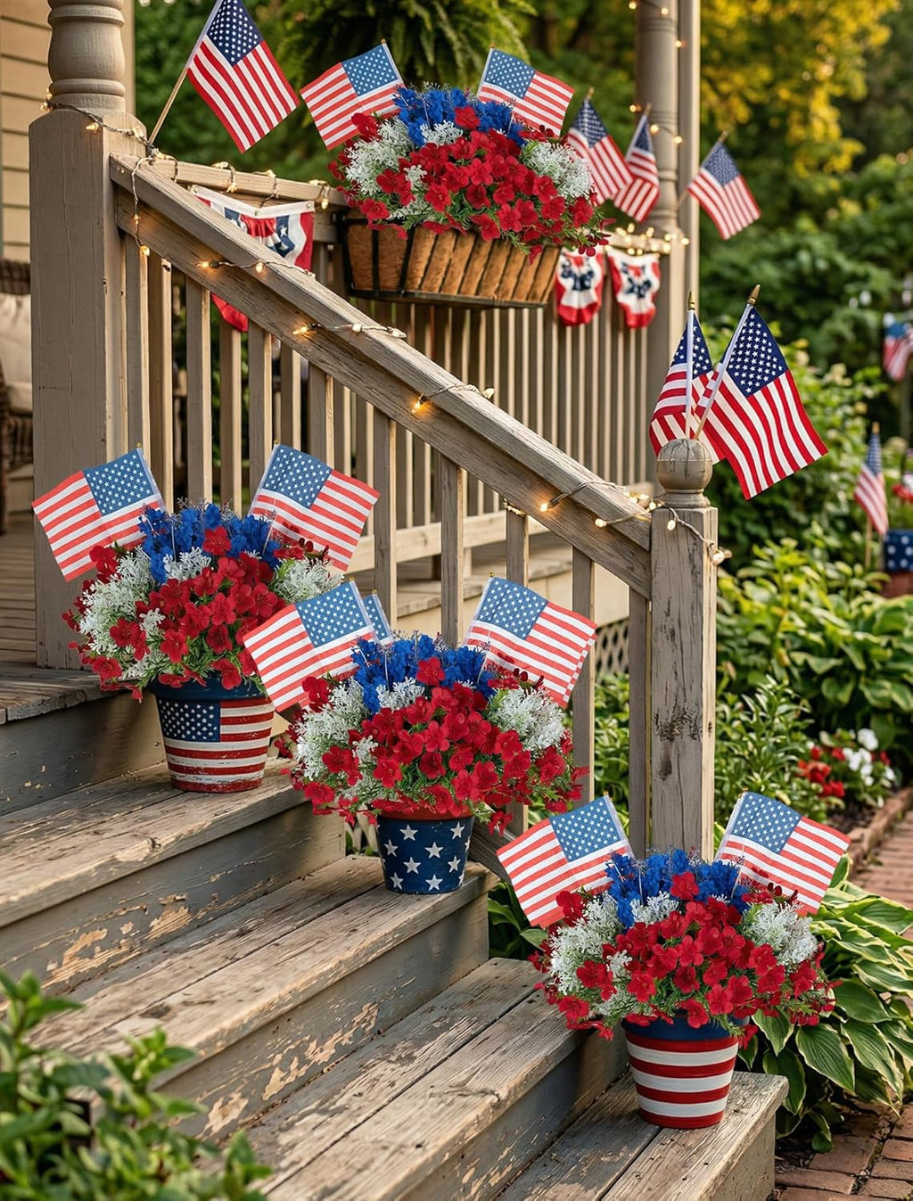 BLOSMON 4th of July Flowers for Porch: 12 Pcs Red White and Blue Fake Flower with Flag for Outdoors Planters - Patriotic Artificial Floral Plants America 250 Anniversary Outside Window Box Decoration