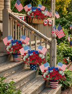 BLOSMON 4th of July Flowers for Porch: 12 Pcs Red White and Blue Fake Flower with Flag for Outdoors Planters - Patriotic Artificial Floral Plants America 250 Anniversary Outside Window Box Decoration