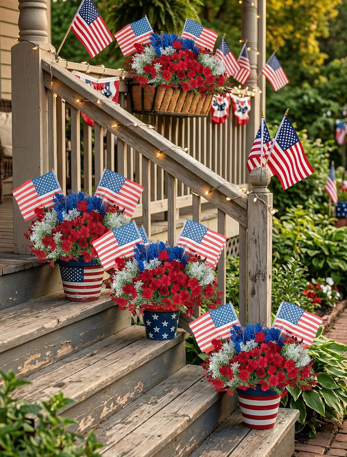 BLOSMON 4th of July Flowers for Porch: 12 Pcs Red White and Blue Fake Flower with Flag for Outdoors Planters - Patriotic Artificial Floral Plants America 250 Anniversary Outside Window Box Decoration