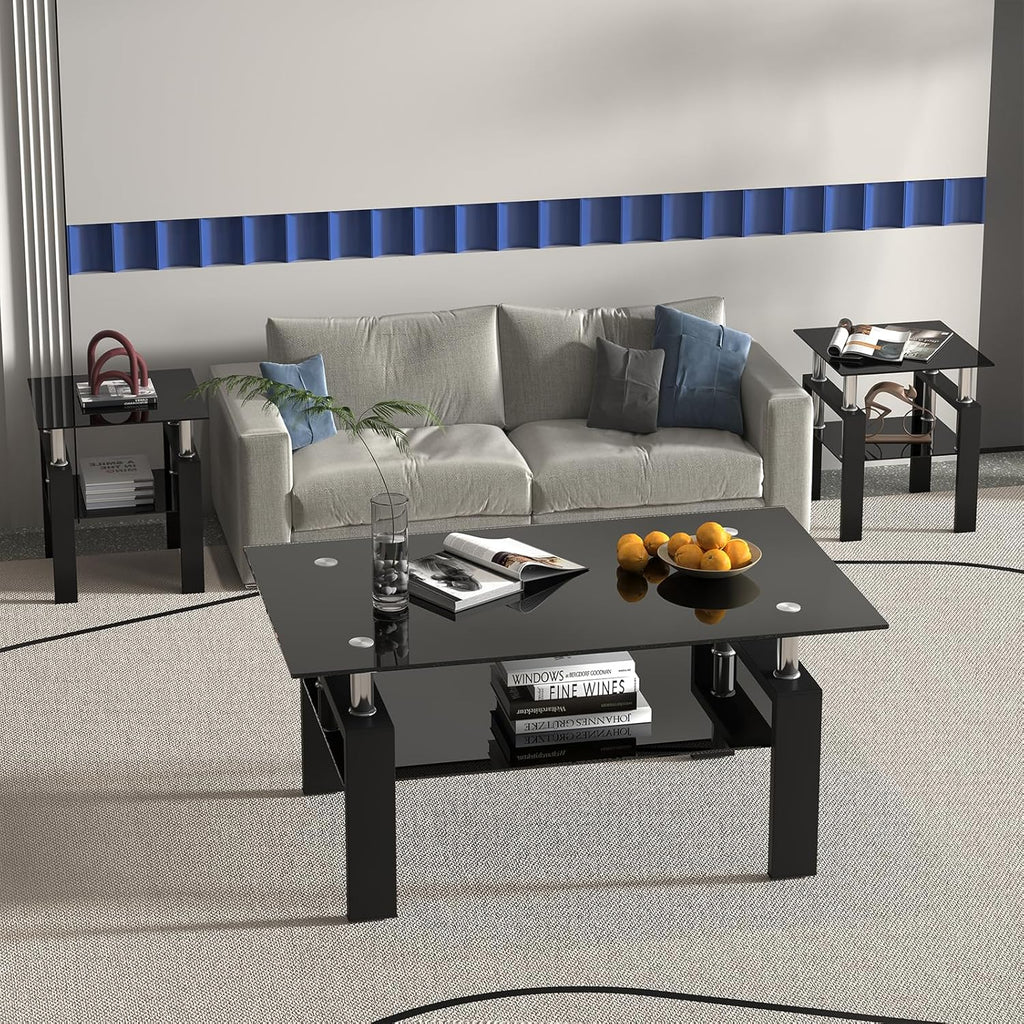 Black Glass Coffee Table Set of 3 Piece, Living Room Tables Set of 3 Pcs, Including 1 Coffee Table and 2 End Side Tables, Metal Frame, Tempered Glass, for Small Space and Home office, Apartment