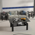 Black Glass Coffee Table Set of 3 Piece, Living Room Tables Set of 3 Pcs, Including 1 Coffee Table and 2 End Side Tables, Metal Frame, Tempered Glass, for Small Space and Home office, Apartment