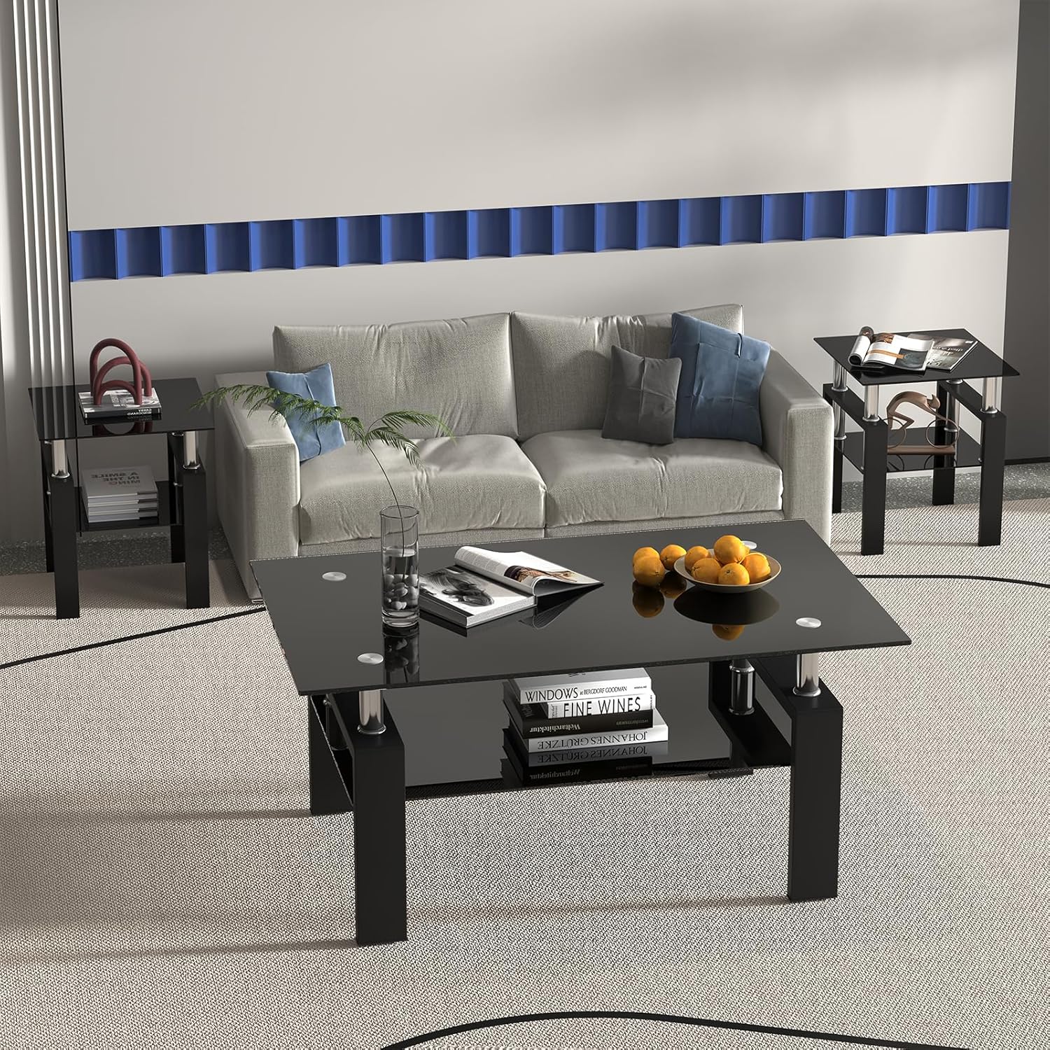 Black Glass Coffee Table Set of 3 Piece, Living Room Tables Set of 3 Pcs, Including 1 Coffee Table and 2 End Side Tables, Metal Frame, Tempered Glass, for Small Space and Home office, Apartment