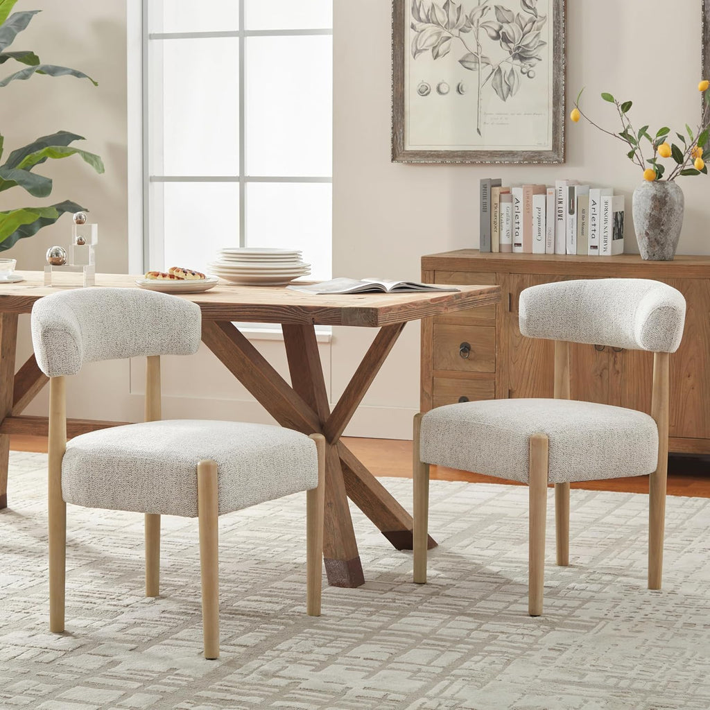 VKNOW Wooden Dining Chairs Set of 2 with Rubberwood Legs, Curved Backrest | Modern Upholstered Dining Chairs with Thickened Cushion, Soft Chenille Fabric, for Dining Room/Kitchen, Heathered Off-White