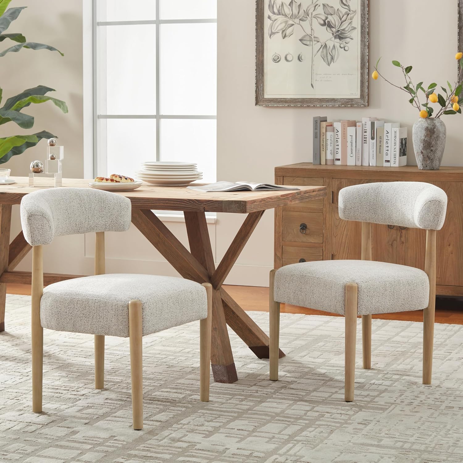VKNOW Wooden Dining Chairs Set of 2 with Rubberwood Legs, Curved Backrest | Modern Upholstered Dining Chairs with Thickened Cushion, Soft Chenille Fabric, for Dining Room/Kitchen, Heathered Off-White