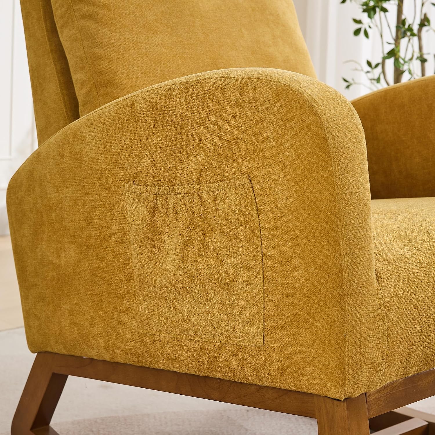 27.2" Rocking Chair for Nursery, Polyeste with Morden High Back and Side Pocket, Rocking Accent Armchair with Rubber Wood Legs for Living Room, Bedroom for Mom Nursery Morden, Mustard
