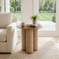 20" Round Walnut Wood End Table, Modern Side Table with 3 Textured Cylindrical Legs, Boho Rattan Accent Table for Living Room, Bedroom, Small Spaces, Light Walnut