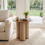 20" Round Walnut Wood End Table, Modern Side Table with 3 Textured Cylindrical Legs, Boho Rattan Accent Table for Living Room, Bedroom, Small Spaces, Light Walnut