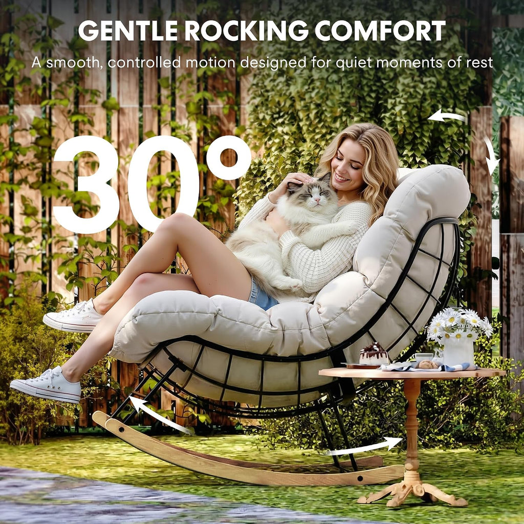 FLEXISPOT Oversized Outdoor Rocking Chair, Beige | Thick Cushioned Seat, Bonus Pillow, Modern Patio Papasan Rocker, Metal Frame Wood Base, For Porch Balcony Living Room