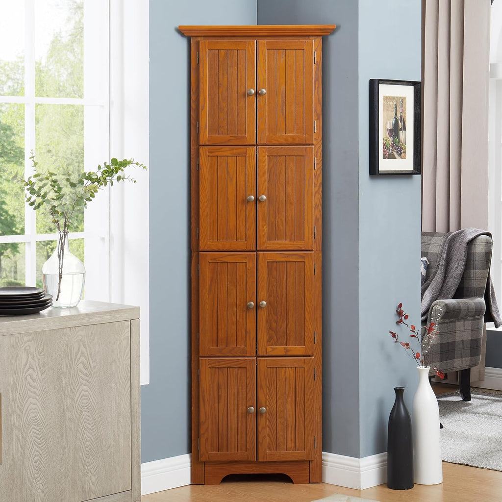 4-Tier Corner Kitchen Pantry Storage Cabinet with Shelves, 72" Tall Kitchen Storage Cabinets with 8 Doors, Narrow Pantry Cabinet with Space Saving, Storage Floor Cabinet for Place (Oak)
