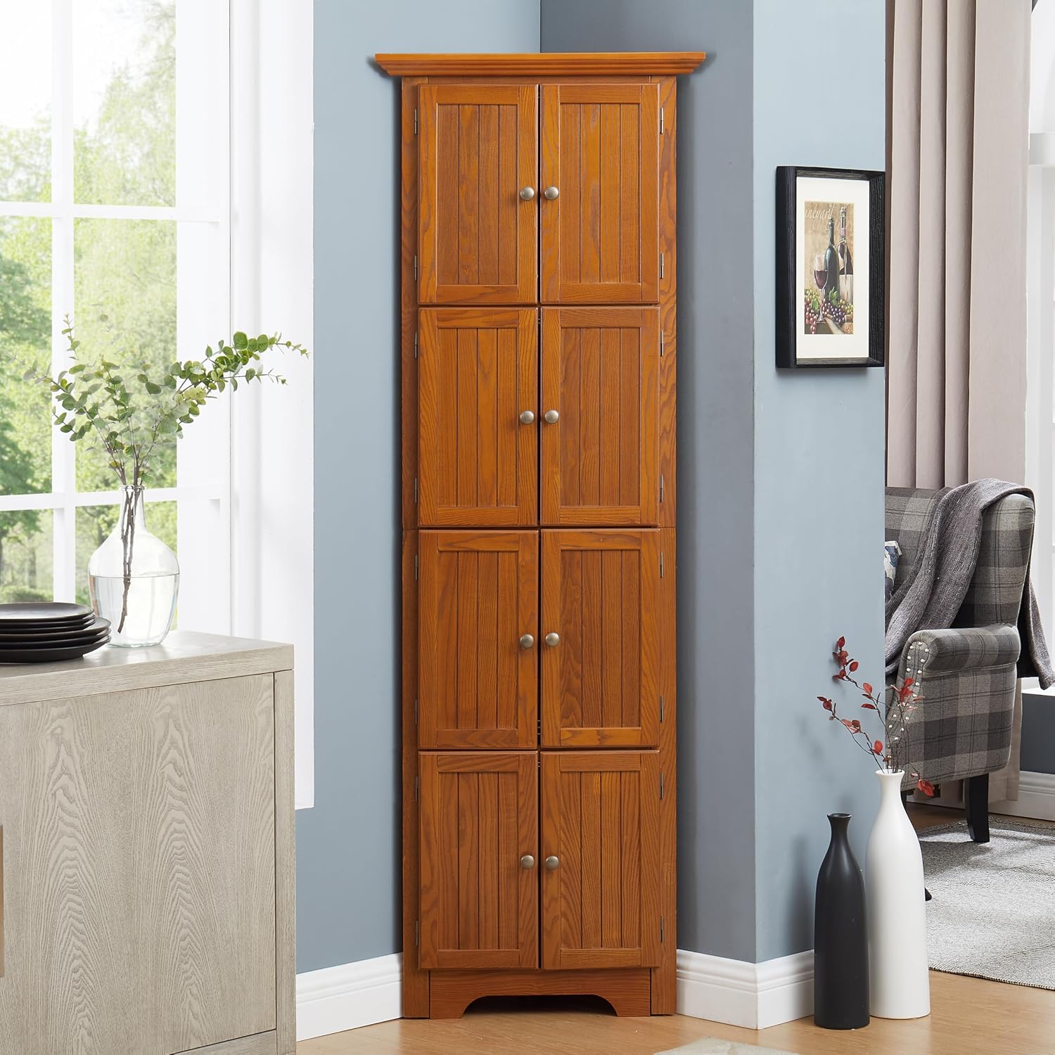 4-Tier Corner Kitchen Pantry Storage Cabinet with Shelves, 72" Tall Kitchen Storage Cabinets with 8 Doors, Narrow Pantry Cabinet with Space Saving, Storage Floor Cabinet for Place (Oak)