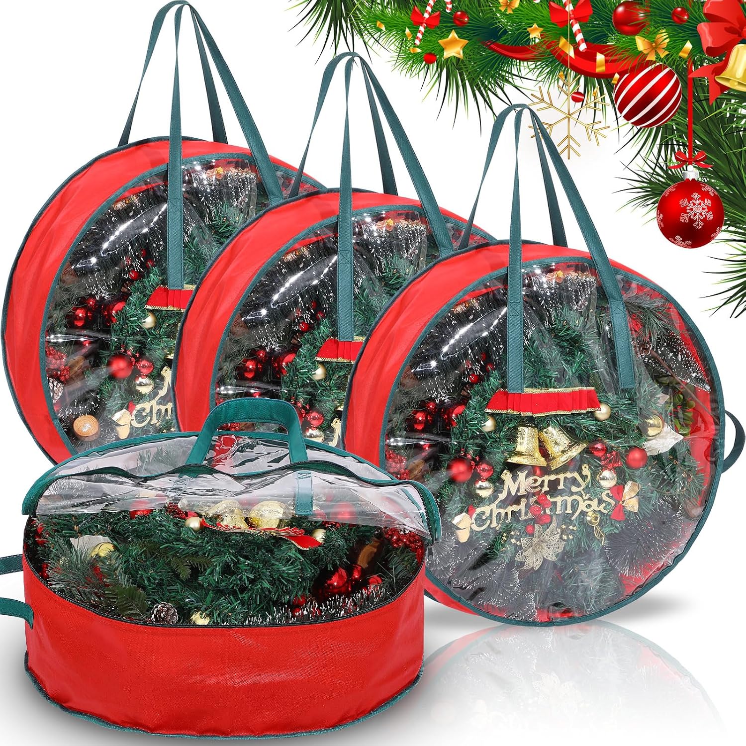 Shappy 4 Pcs Red Wreath Storage Bag Clear Wreath Box Storage Containers with Clear Window and Handle Garland Containers for Holiday Seasonal Bags (24 Inch)
