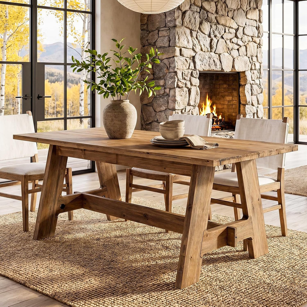 63-Inch Farmhouse Dining Table for 4-6, Natural Solid Wood Rectangle Kitchen Table, Rustic Wooden Dinner Furniture with Sturdy Trestle Base for Dining Room, Kitchen