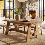 63-Inch Farmhouse Dining Table for 4-6, Natural Solid Wood Rectangle Kitchen Table, Rustic Wooden Dinner Furniture with Sturdy Trestle Base for Dining Room, Kitchen