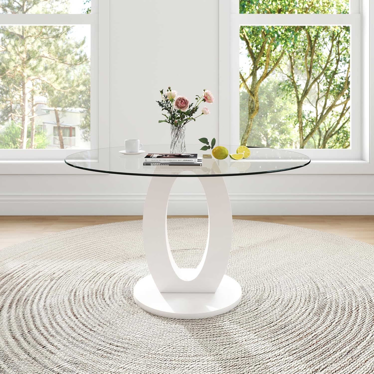 RGZ 39'' Modern Luxury Clear Glass Round Dining Table for 4-6, Glass Circle Top Kitchen Table with Elegant Gold Decorative Strips & White Base, Small Apartment Dinner Table for Home, Living Room