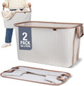 CleverMade Collapsible Laundry Basket LUXE 2 Pack – 60 L (16 Gal) Foldable Cotton Blend Clothes Hamper with Vegan Leather Accents, Reinforced Handles, Space Saving Laundry Bin Holds 55 lbs - Cream