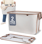CleverMade Collapsible Laundry Basket LUXE 2 Pack – 60 L (16 Gal) Foldable Cotton Blend Clothes Hamper with Vegan Leather Accents, Reinforced Handles, Space Saving Laundry Bin Holds 55 lbs - Cream