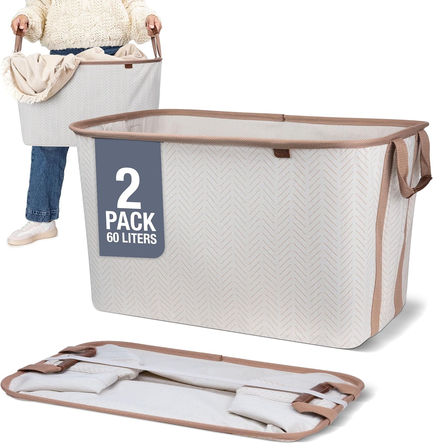 CleverMade Collapsible Laundry Basket LUXE 2 Pack – 60 L (16 Gal) Foldable Cotton Blend Clothes Hamper with Vegan Leather Accents, Reinforced Handles, Space Saving Laundry Bin Holds 55 lbs - Cream