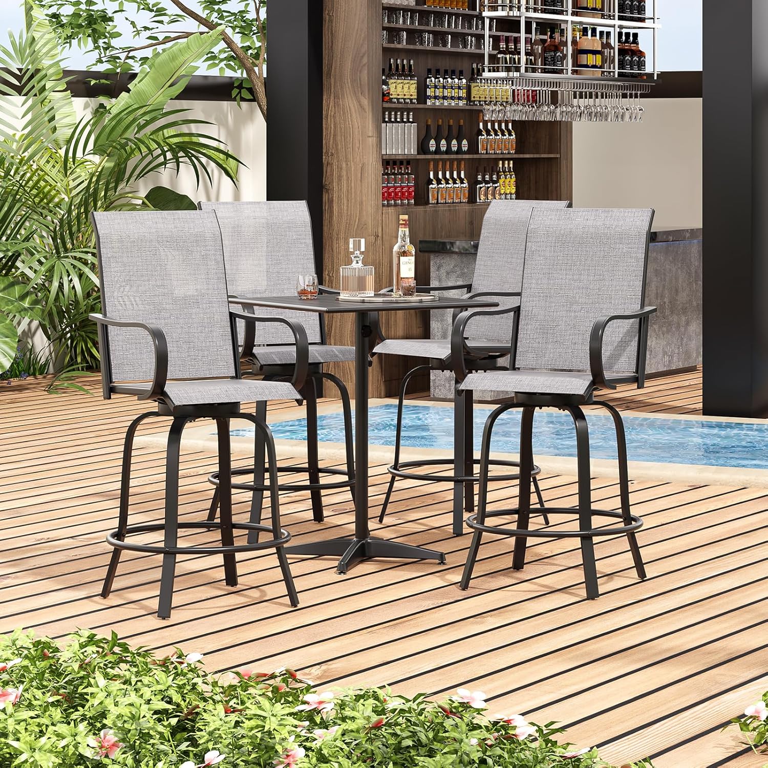 Soohow Outdoor Bar Stools Set of 4, Swivel Patio Barstools with Textilene Fabric, Height Top Patio Chair 360° Swivel, All Weather Use, Ergonomic Comfort Bar Height Tall Outdoor Stools for Balcony