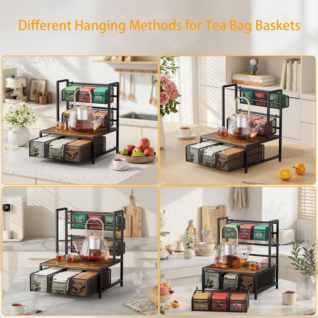 Tea Bag Organizer, 3 Tier Tea Bag Holder with Drawer, Tea Storage Chest for Countertop